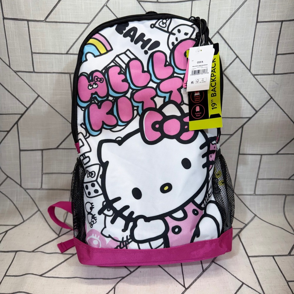Hello Kitty Backpack OSFA Pink White Bioworld 19 Inch Laptop Sleeve Padded Back